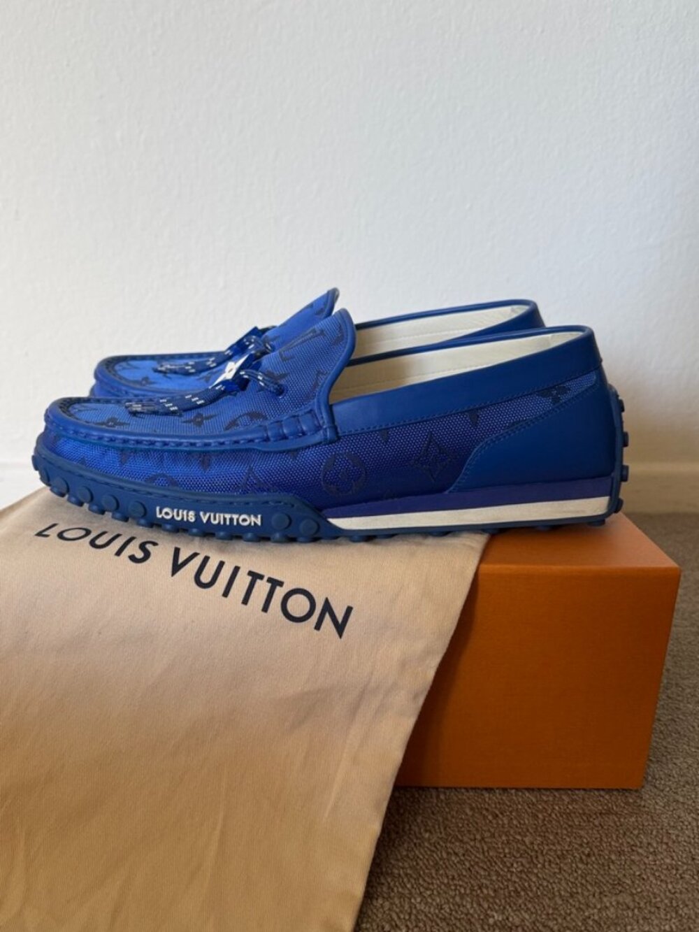 Louis Vuitton Hockenheim Driver Loafers Blue Monogram Canvas Men’s Size 7 UK / 8